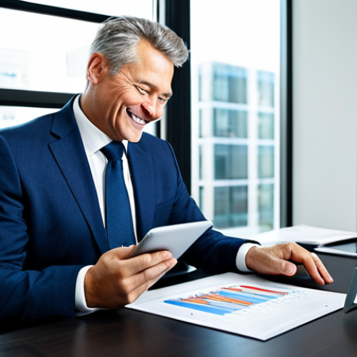 Home 4 A professional, middle-aged salary worker, fully clothed in a modest business suit, sits comfortably at a sleek, modern office desk. They are looking at a digital tablet displaying financial graphs, with a subtle, confident smile, symbolizing relief from tax burden. The background is a bright, well-lit contemporary office space with soft ambient light. perfect anatomy, correct proportions, natural pose, well-formed hands, proper finger count, natural body proportions, professional photography, high quality, safe for work, appropriate content, fully clothed, professional.