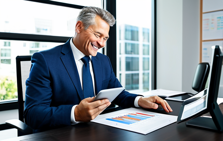 A professional, middle-aged salary worker, fully clothed in a modest business suit, sits comfortably at a sleek, modern office desk. They are looking at a digital tablet displaying financial graphs, with a subtle, confident smile, symbolizing relief from tax burden. The background is a bright, well-lit contemporary office space with soft ambient light. perfect anatomy, correct proportions, natural pose, well-formed hands, proper finger count, natural body proportions, professional photography, high quality, safe for work, appropriate content, fully clothed, professional.